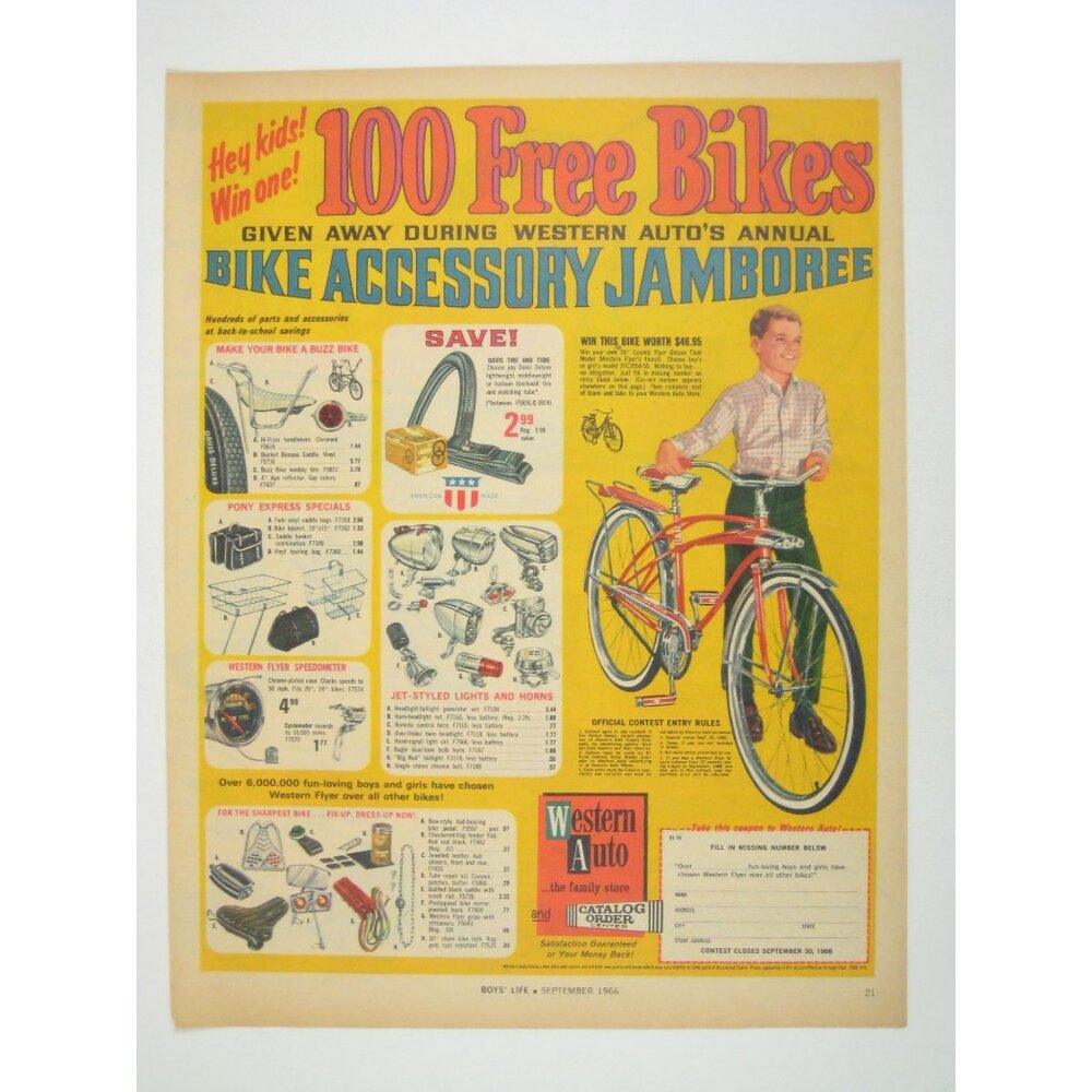 100 Free Bikes Western Auto 1966 Bike Accessory Jamboree Vintage Print Ad